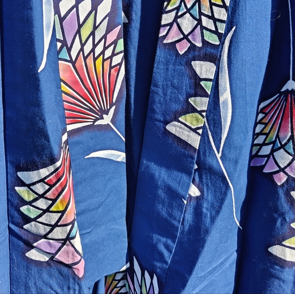 Blue Unisex Kimono; Slate Blue with Multicoloured Lotus Flower Design. - Picture 3 of 11